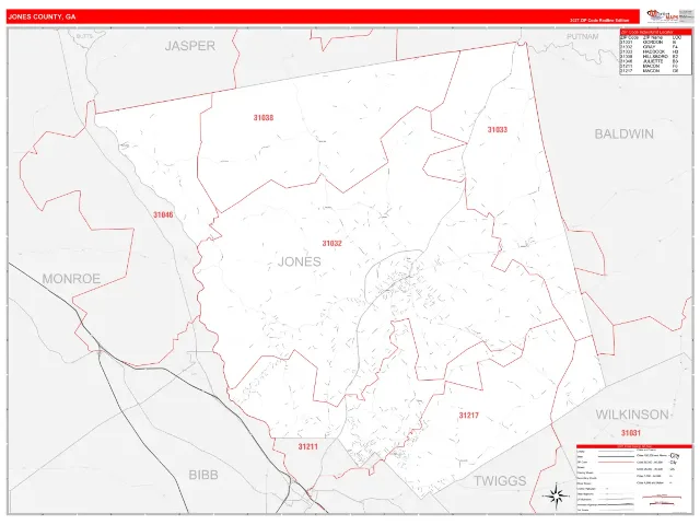 Jones County, GA ZIP Code Wall Map, RedLine style