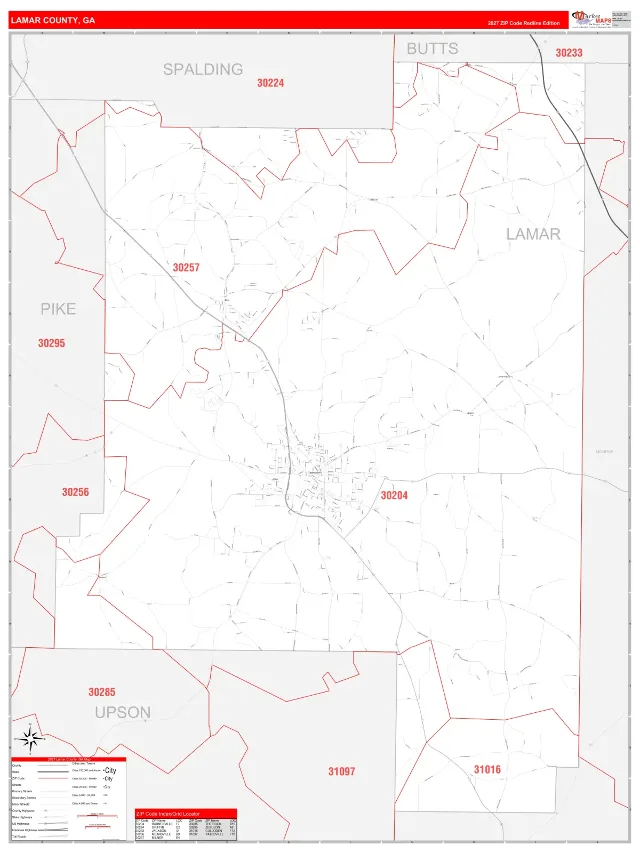 Lamar County, GA ZIP Code Wall Map, RedLine style