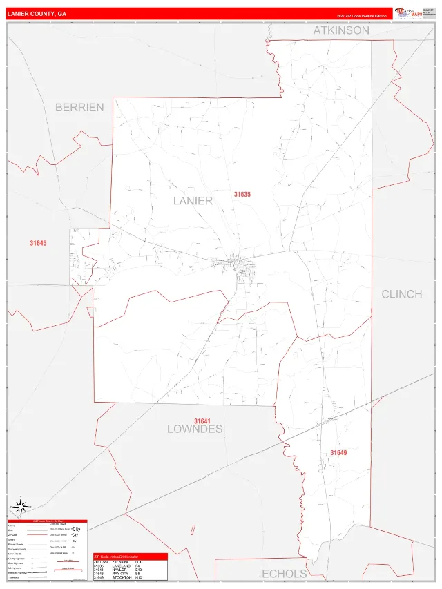 Lanier County, GA ZIP Code Wall Map, RedLine style