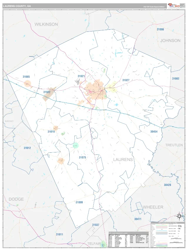 Laurens County, GA ZIP Code Wall Map, Classic style