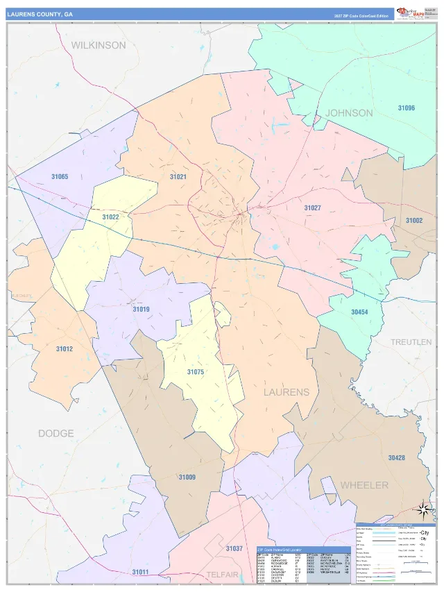 Laurens County, GA ZIP Code Wall Map, ColorCast style