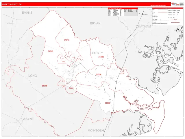 Liberty County, GA ZIP Code Wall Map, RedLine style