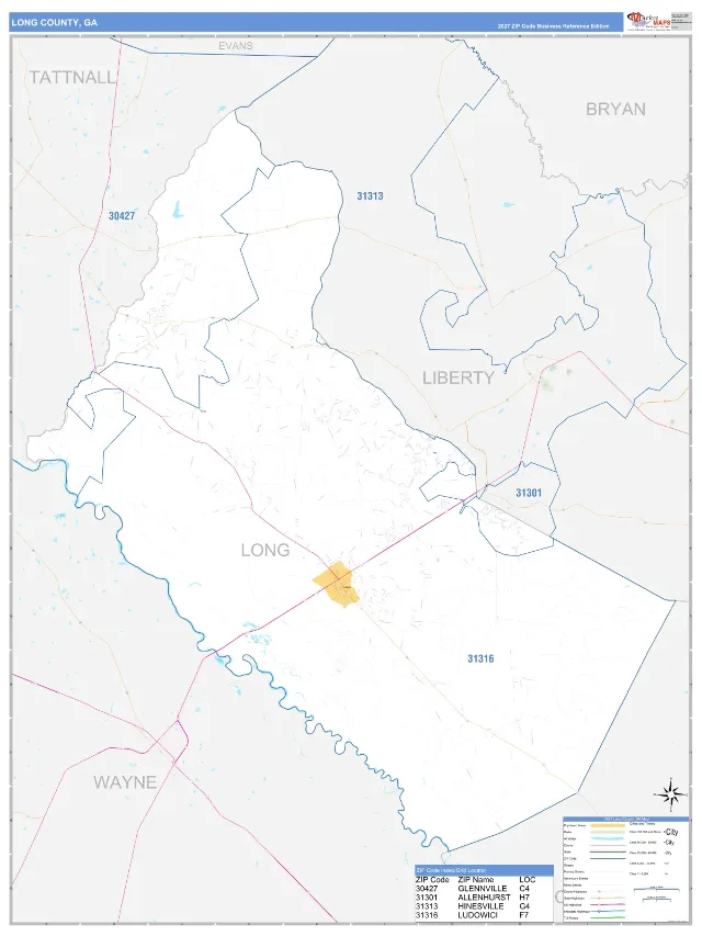 Long County, GA ZIP Code Wall Map, Business Reference style
