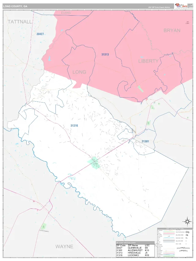 Long County, GA ZIP Code Wall Map, Classic style