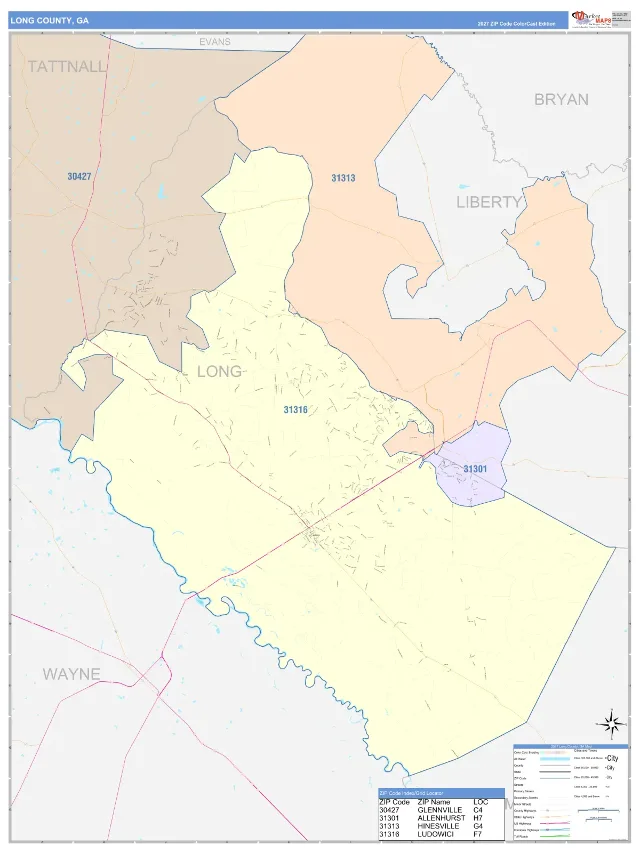 Long County, GA ZIP Code Wall Map, ColorCast style