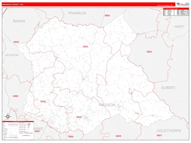 Madison County, GA ZIP Code Wall Map, RedLine style