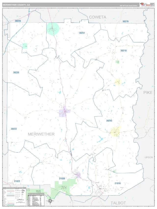 Meriwether County, GA ZIP Code Wall Map, Classic style
