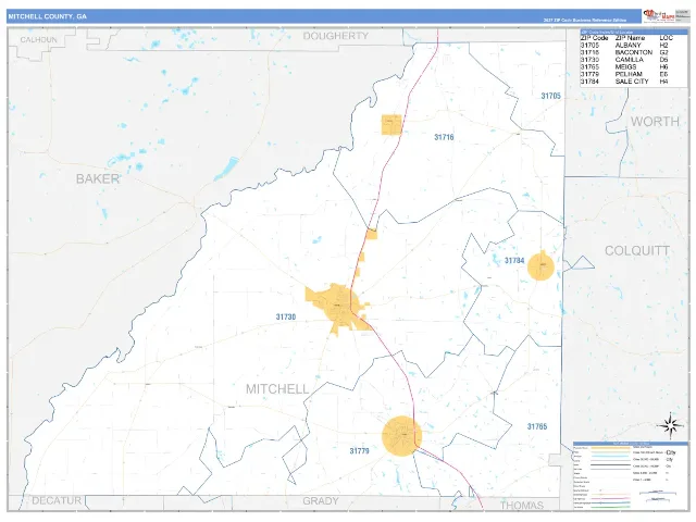 Mitchell County, GA ZIP Code Wall Map, Business Reference style