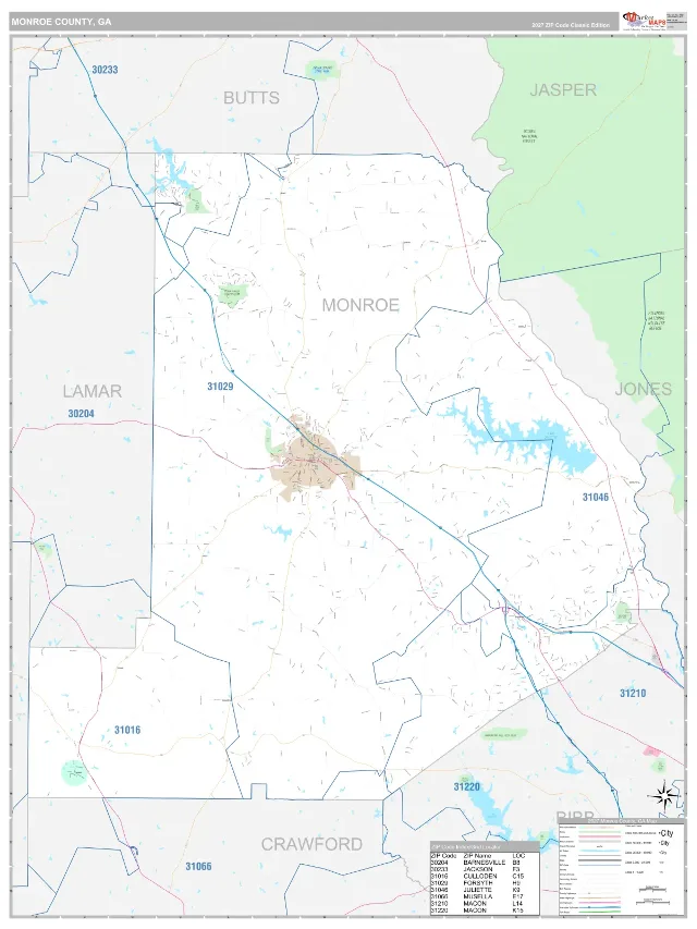 Monroe County, GA ZIP Code Wall Map, Classic style
