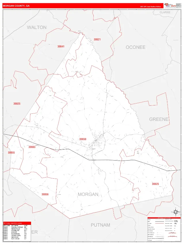Morgan County, GA ZIP Code Wall Map, RedLine style