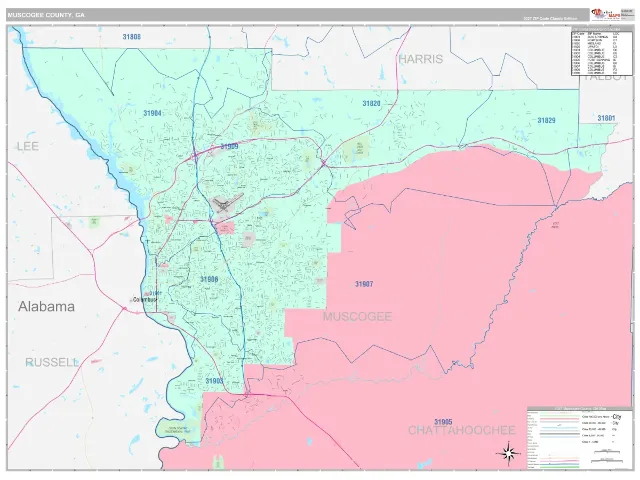 Muscogee County, GA ZIP Code Wall Map, Classic style