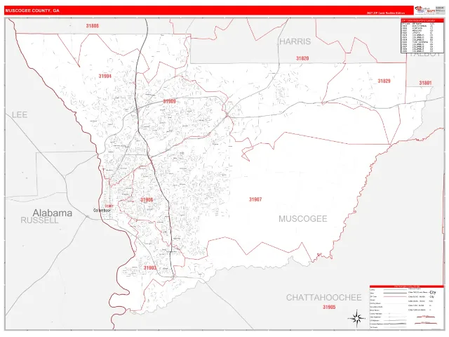 Muscogee County, GA ZIP Code Wall Map, RedLine style