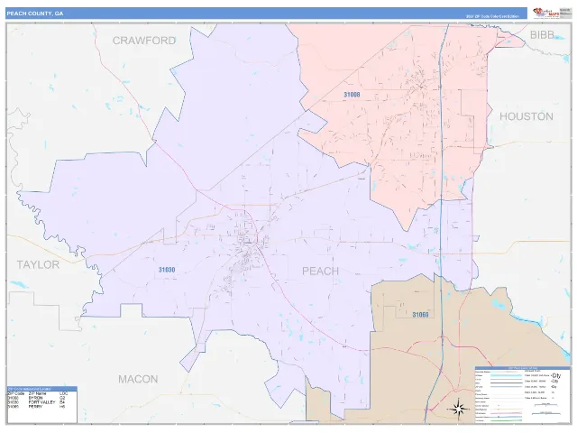 Peach County, GA ZIP Code Wall Map, ColorCast style