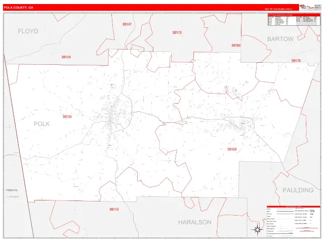 Polk County, GA ZIP Code Wall Map, RedLine style
