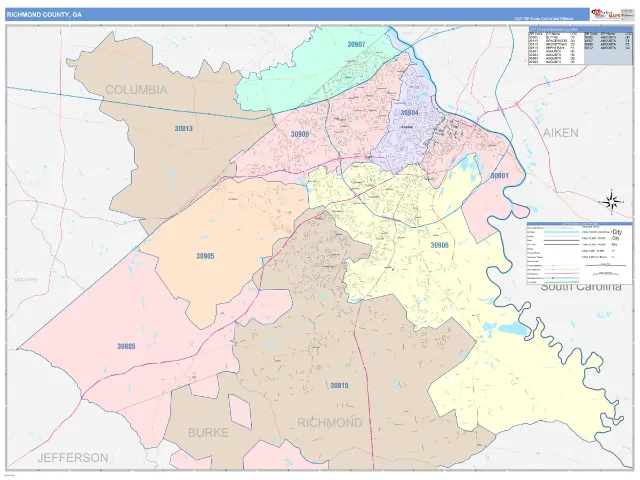 Richmond County, GA ZIP Code Wall Map, ColorCast style