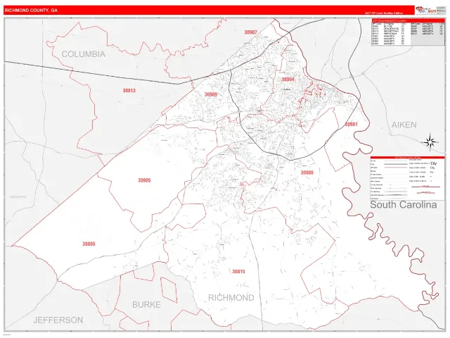 Richmond County, GA ZIP Code Wall Map, RedLine style