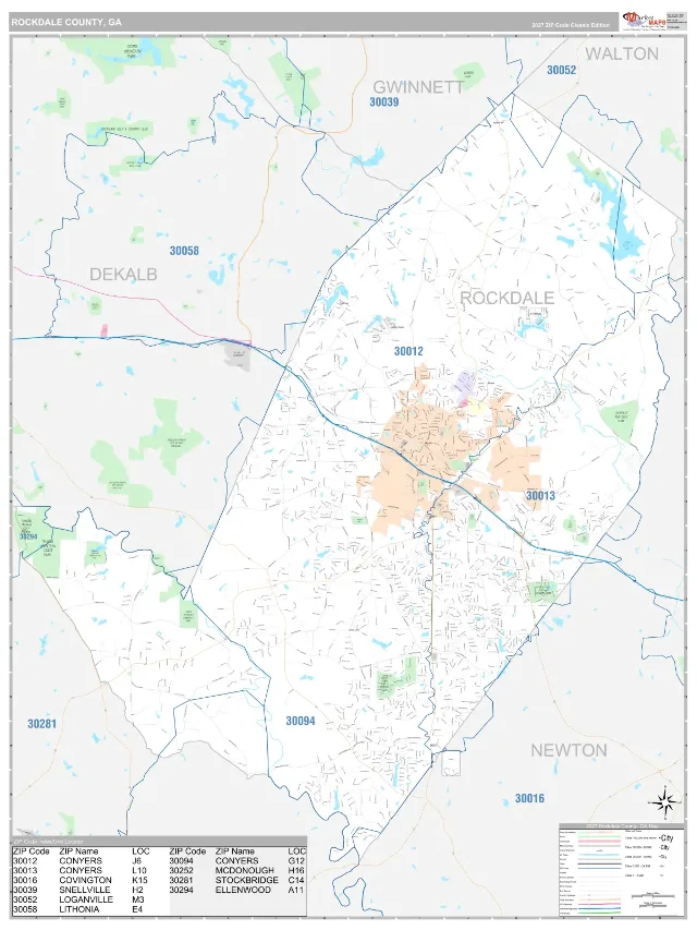 Rockdale County, GA ZIP Code Wall Map, Classic style