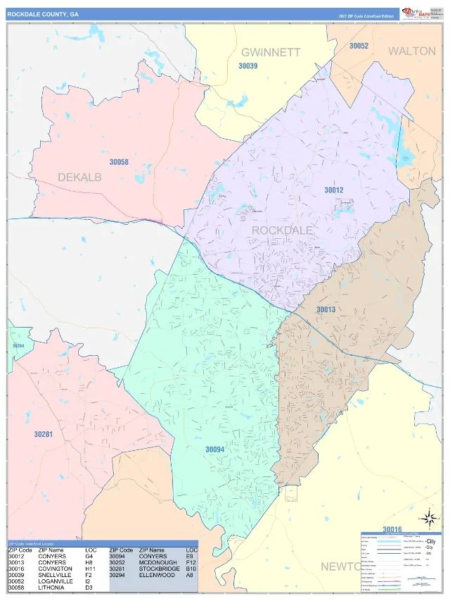 Rockdale County, GA ZIP Code Wall Map, ColorCast style