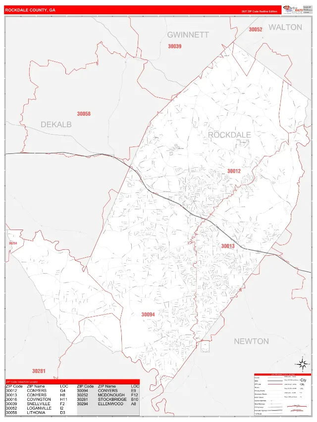 Rockdale County, GA ZIP Code Wall Map, RedLine style