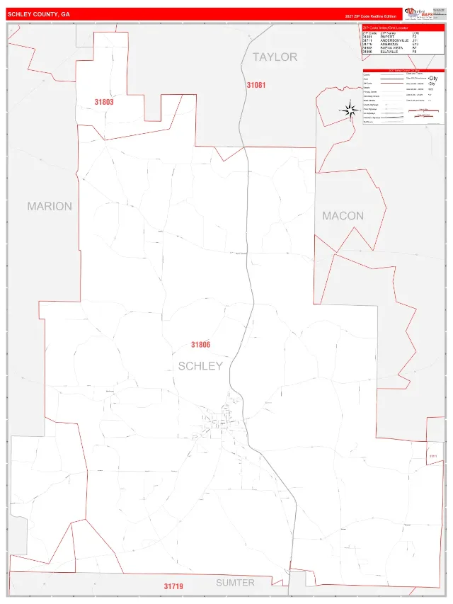 Schley County, GA ZIP Code Wall Map, RedLine style
