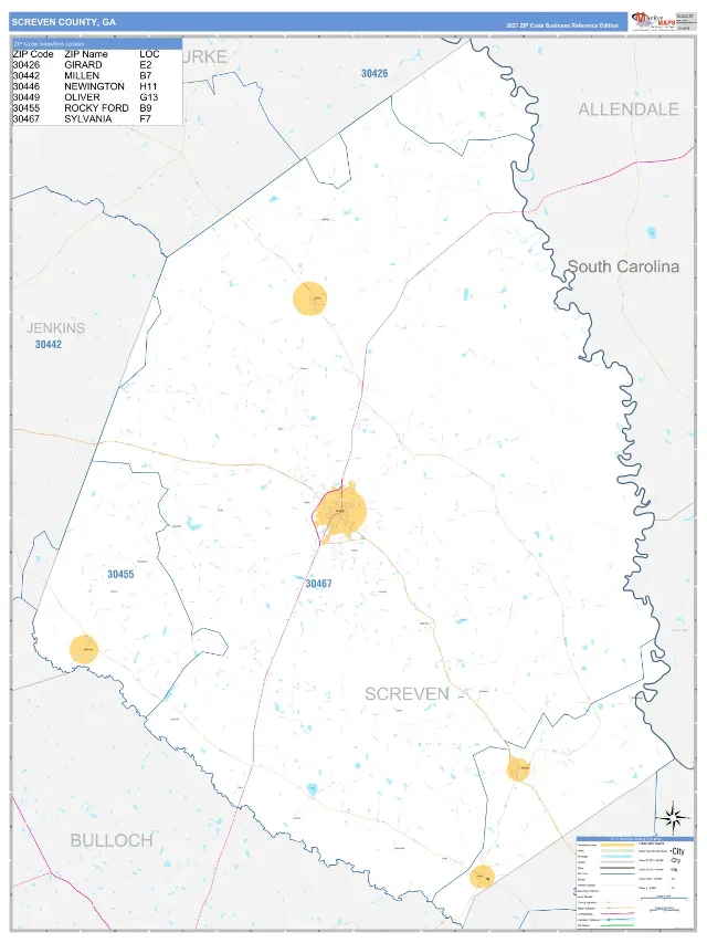 Screven County, GA ZIP Code Wall Map, Business Reference style