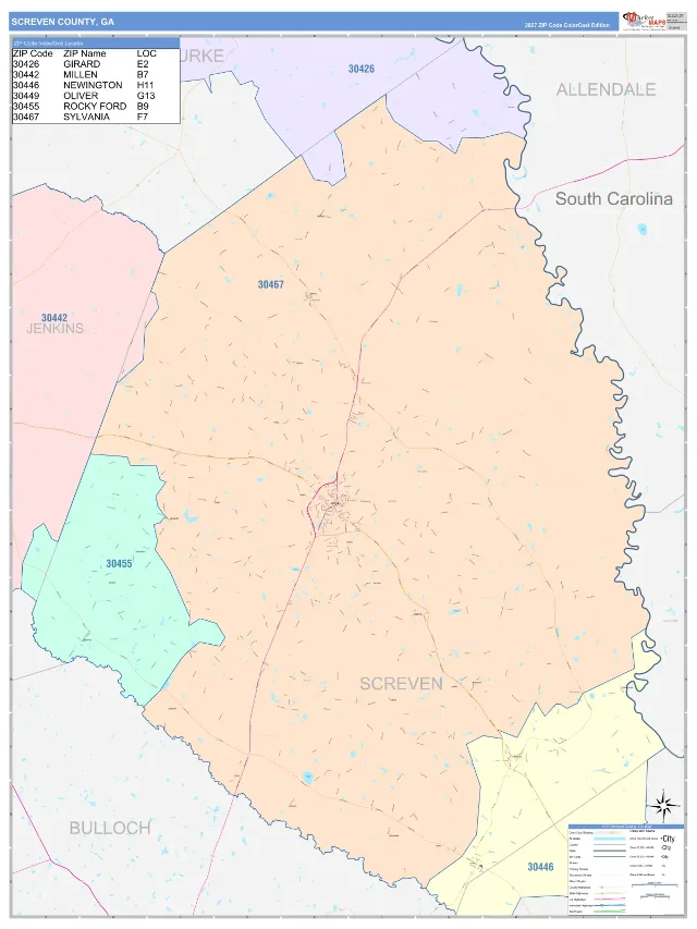 Screven County, GA ZIP Code Wall Map, ColorCast style