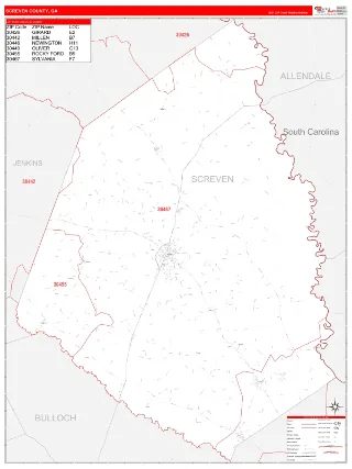 Screven County, GA RedLine style ZIP Code wall map