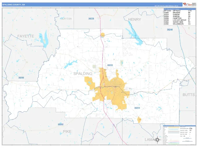 Spalding County, GA ZIP Code Wall Map, Business Reference style