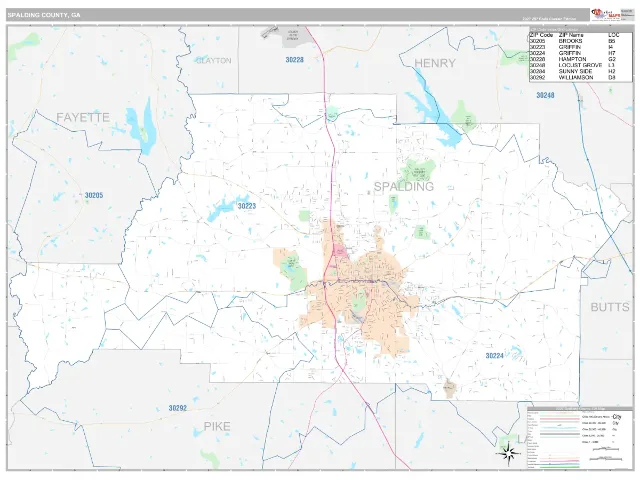 Spalding County, GA ZIP Code Wall Map, Classic style