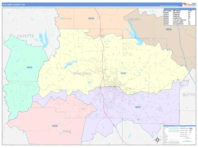 Spalding County, GA ZIP Code Wall Map, ColorCast style