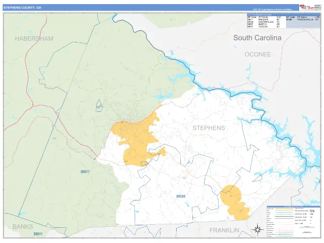 Stephens County, GA ZIP Code Wall Map, Business Reference style