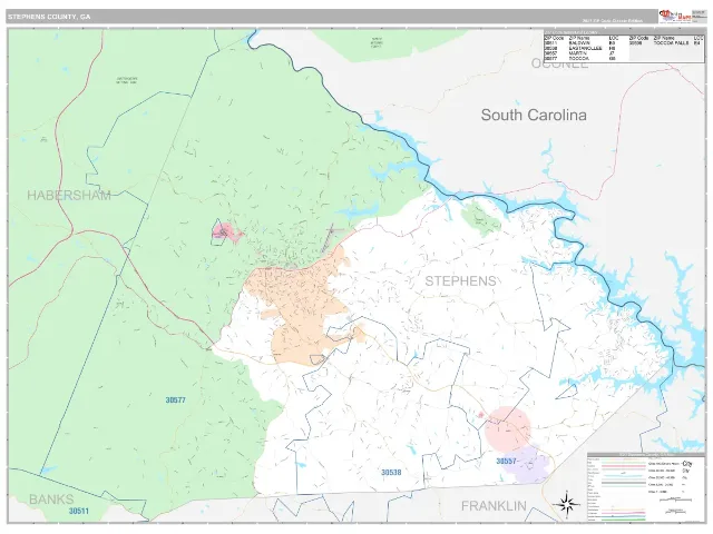 Stephens County, GA ZIP Code Wall Map, Classic style