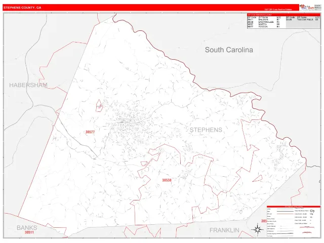 Stephens County, GA ZIP Code Wall Map, RedLine style