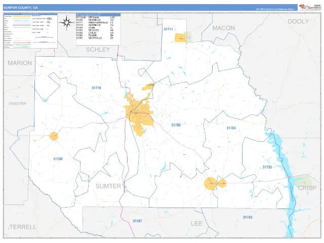 Sumter County, GA ZIP Code Wall Map, Business Reference style