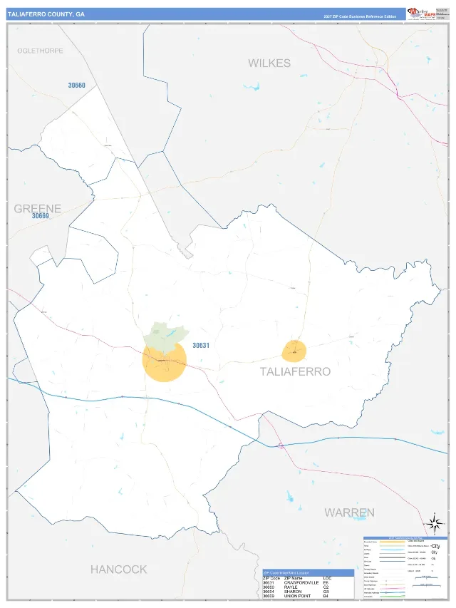 Taliaferro County, GA ZIP Code Wall Map, Business Reference style