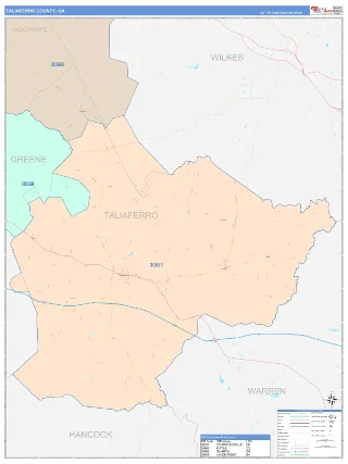 Taliaferro County, GA ColorCast style ZIP Code wall map