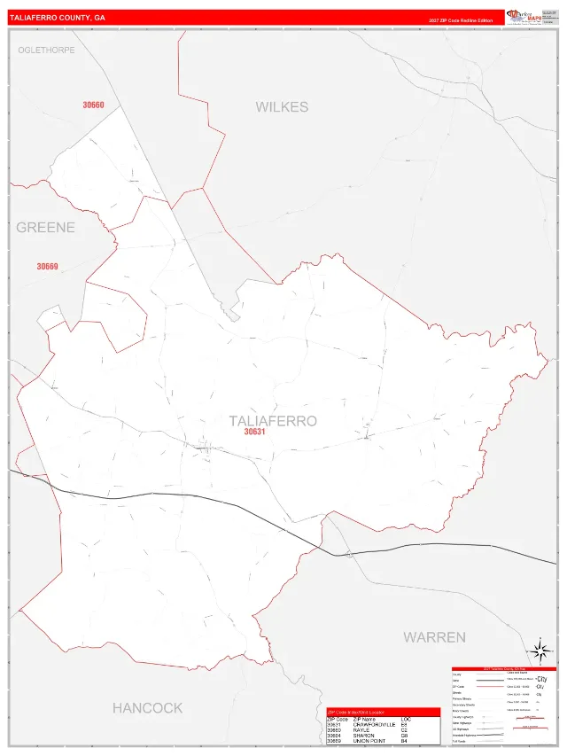 Taliaferro County, GA ZIP Code Wall Map, RedLine style