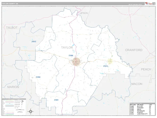 Taylor County, GA ZIP Code Wall Map, Classic style
