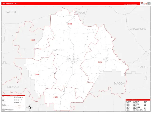 Taylor County, GA ZIP Code Wall Map, RedLine style