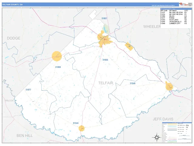Telfair County, GA ZIP Code Wall Map, Business Reference style