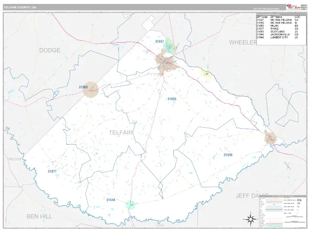 Telfair County, GA ZIP Code Wall Map, Classic style