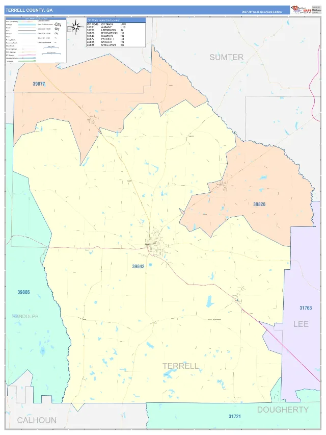Terrell County, GA ZIP Code Wall Map, ColorCast style