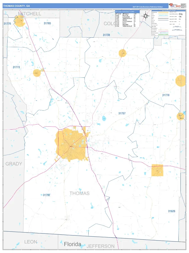 Thomas County, GA ZIP Code Wall Map, Business Reference style