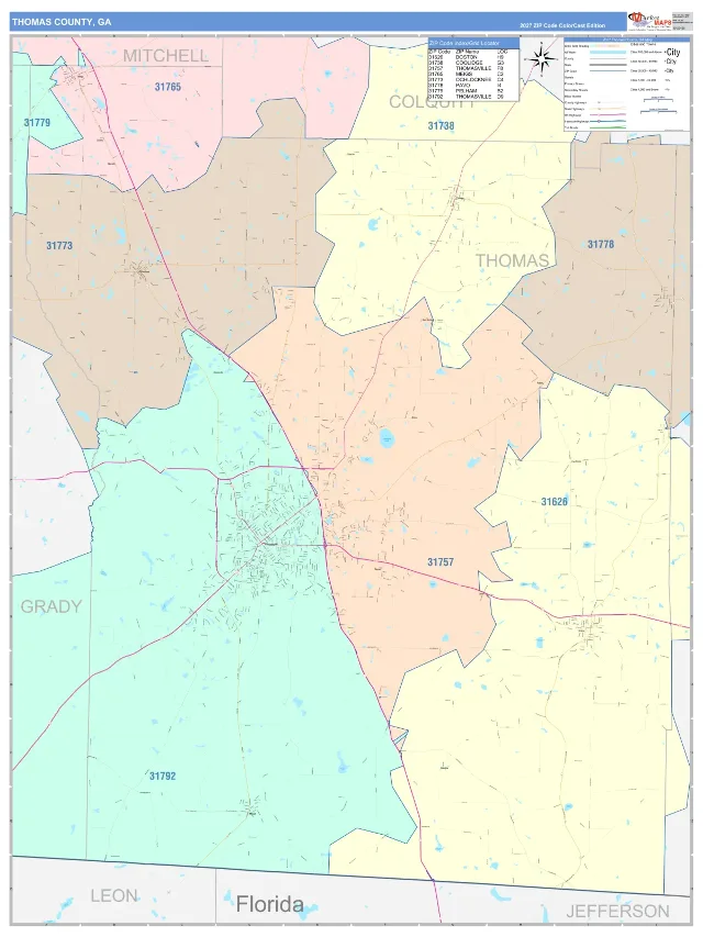Thomas County, GA ZIP Code Wall Map, ColorCast style