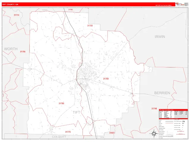 Tift County, GA ZIP Code Wall Map, RedLine style
