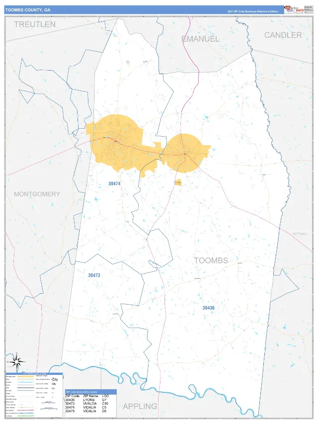 Toombs County, GA ZIP Code Wall Map, Business Reference style