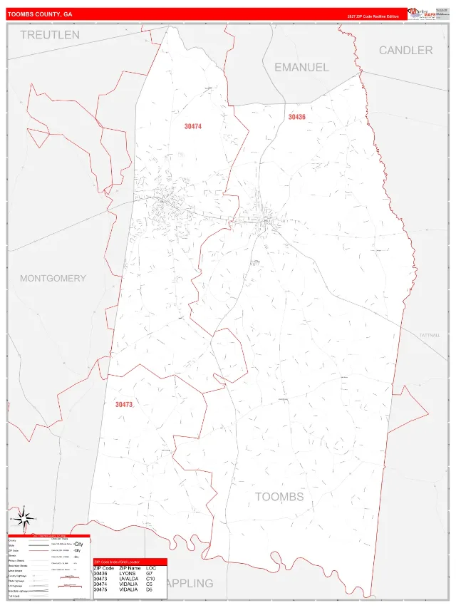 Toombs County, GA ZIP Code Wall Map, RedLine style