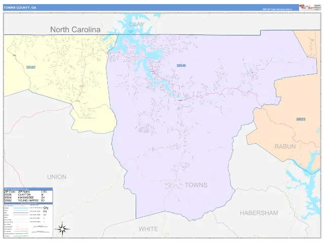 Towns County, GA ZIP Code Wall Map, ColorCast style