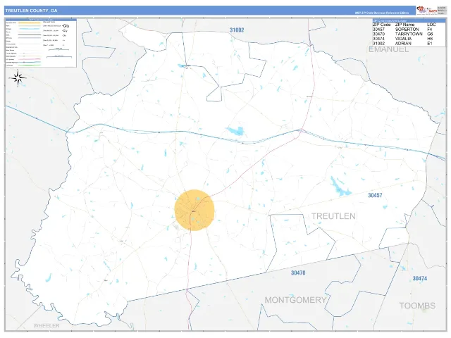 Treutlen County, GA ZIP Code Wall Map, Business Reference style
