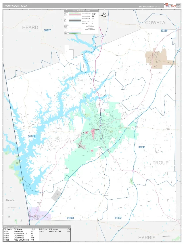 Troup County, GA ZIP Code Wall Map, Classic style